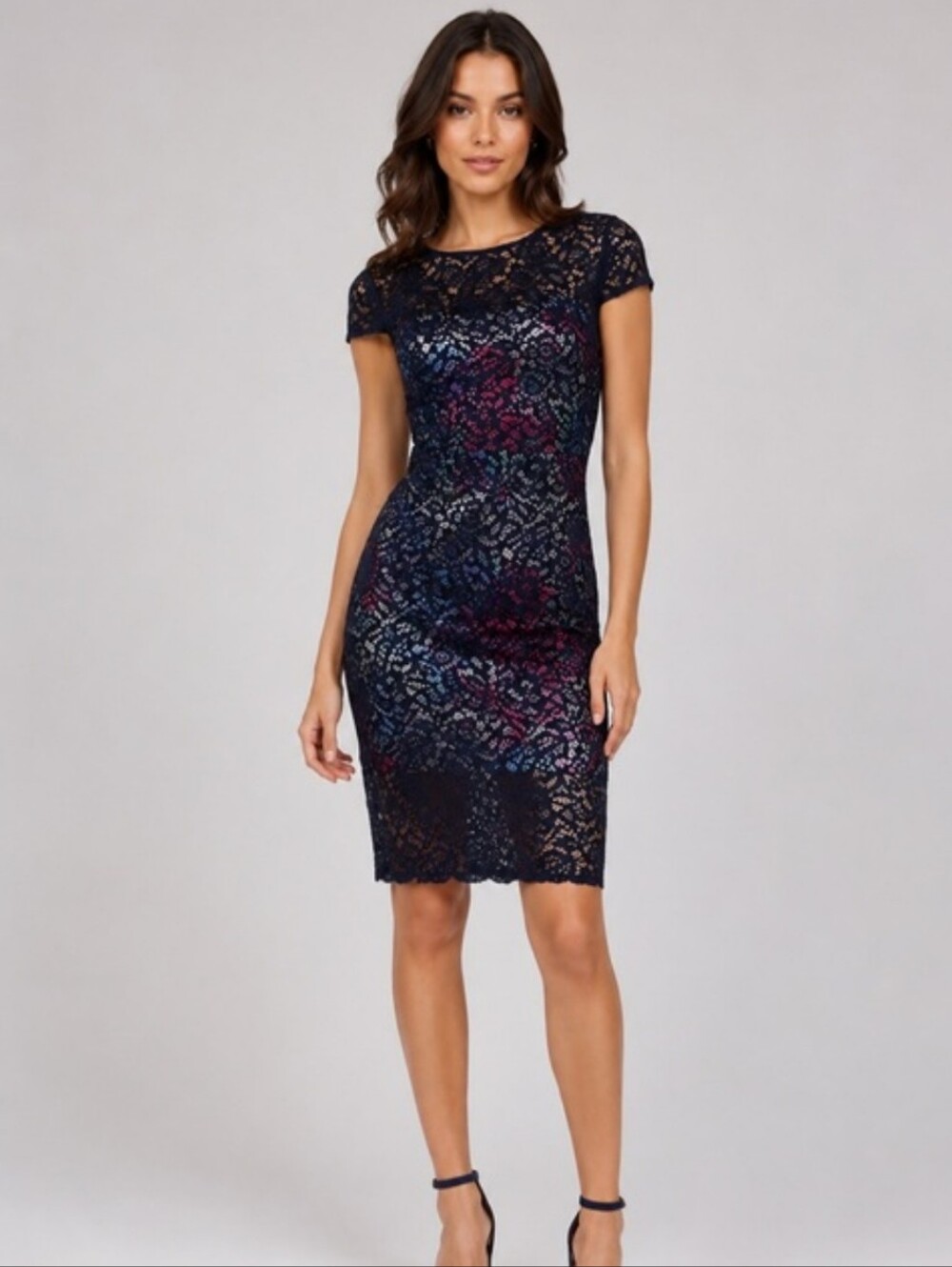 Betsey Johnson Navy Floral Midi Sheer Lace Sheath Dress